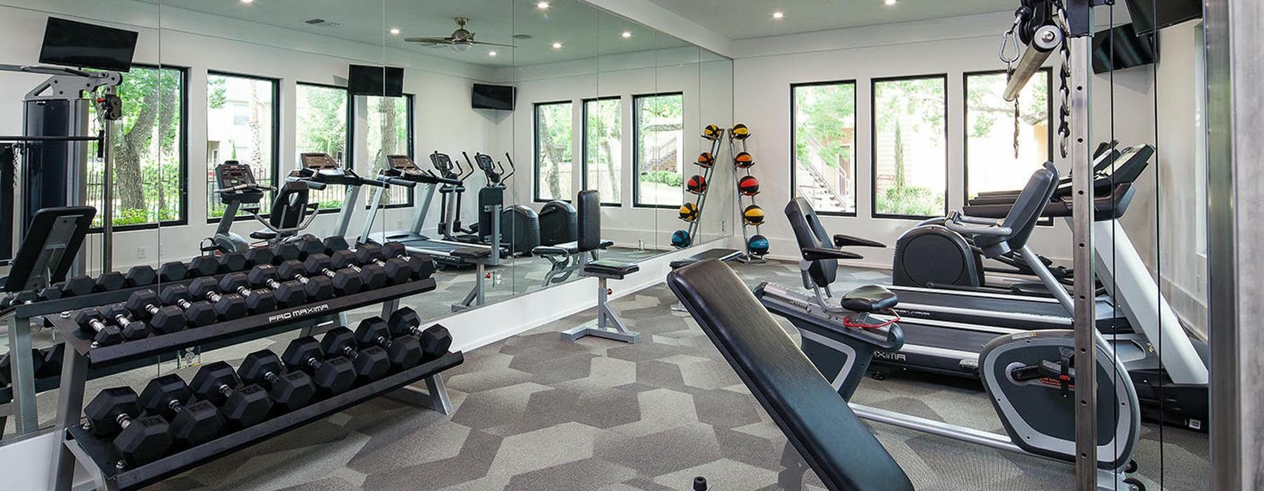 a gym with workout equipment
